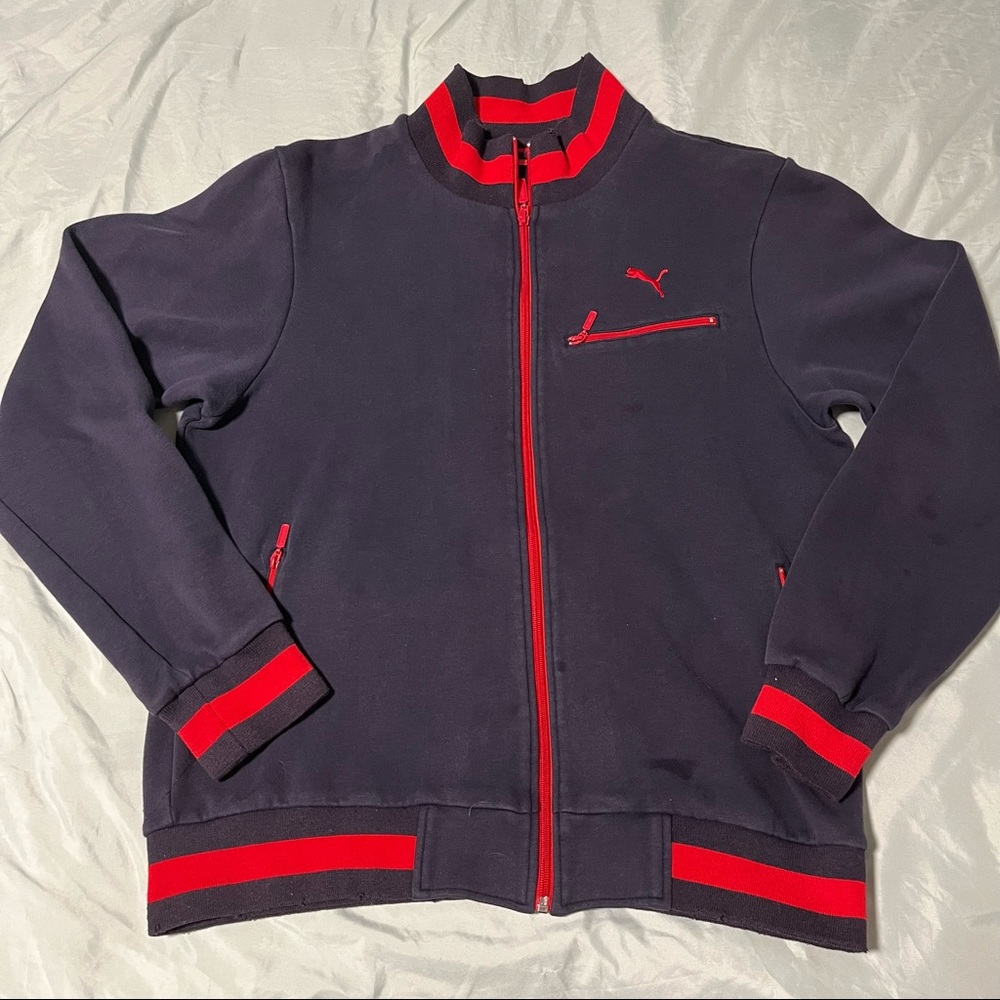 Y2K Mens Navy/Red Puma Zip Up Jacket Size Large